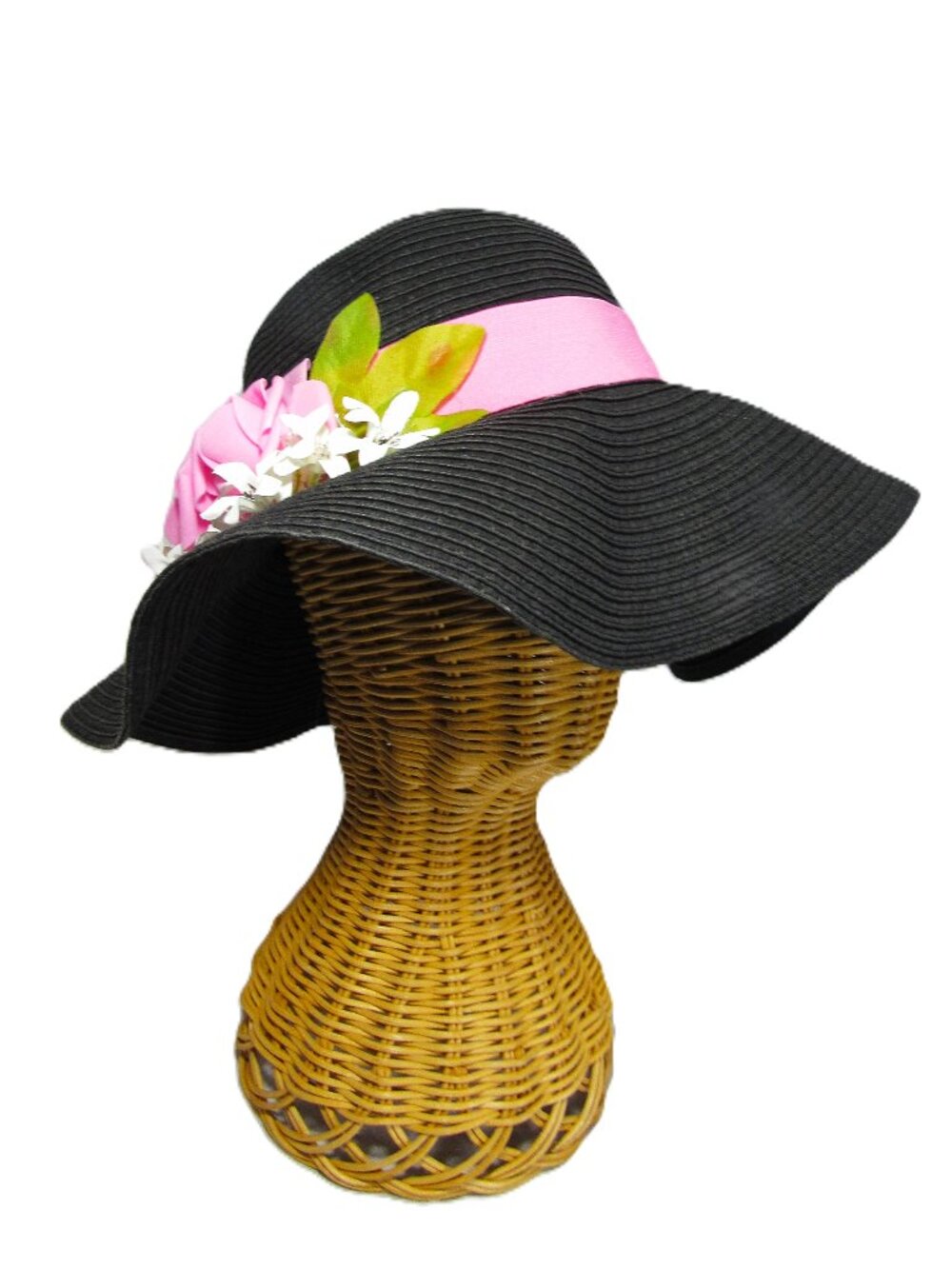 "THE FLORAL FLOPPY" BLACK, SOFT WOVEN + PINK ROSES SIZE M/L PARTY BEACH FESTIVAL